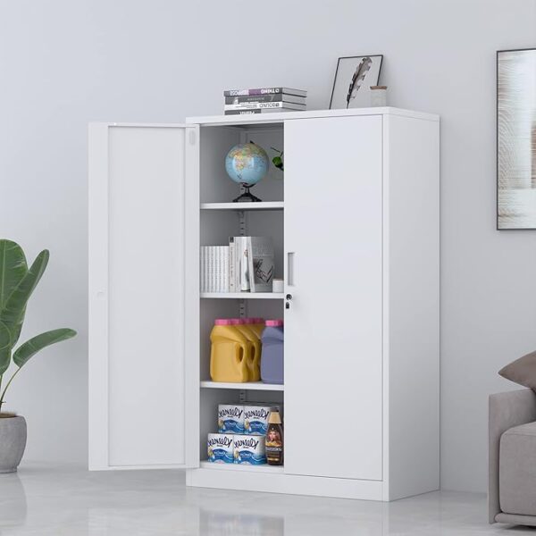 2-Door Lockable Steel Storage Cabinet with adjustable shelves and a secure locking mechanism for safe and organized storage in office or home environments.