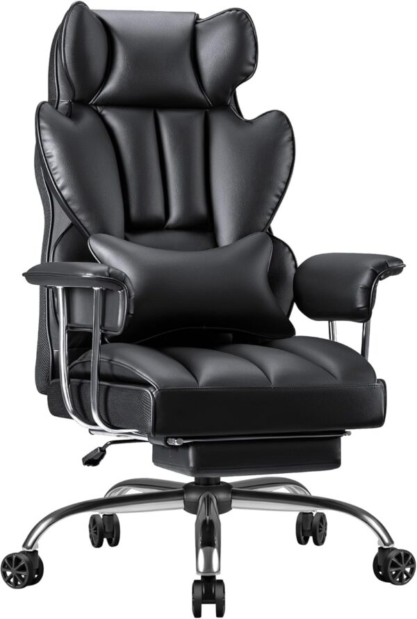 Ergonomic Executive Leather Office Chair with adjustable lumbar support and high-density foam padding for comfort and style in a modern office setting.