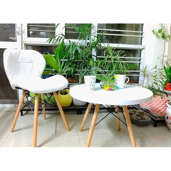 Faux Leather White Eames Dining Chair with ergonomic seat and wooden cross-frame base.