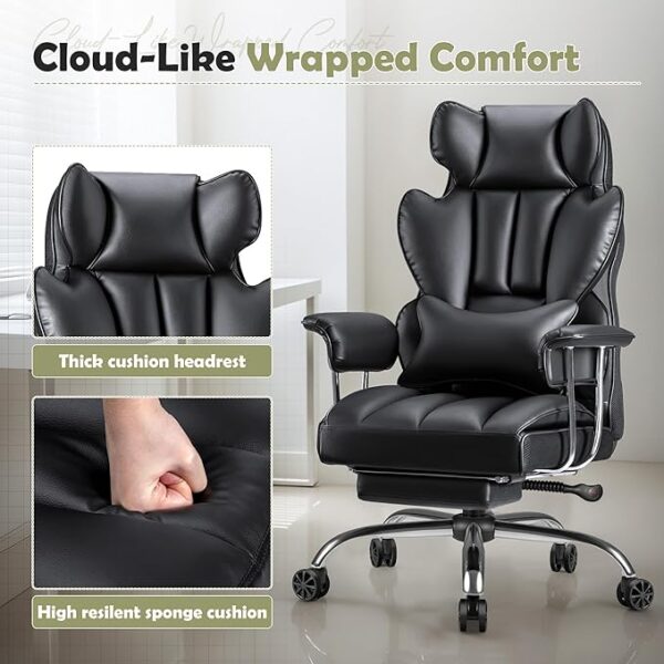 Ergonomic Executive Leather Office Chair with adjustable lumbar support and high-density foam padding for comfort and style in a modern office setting.