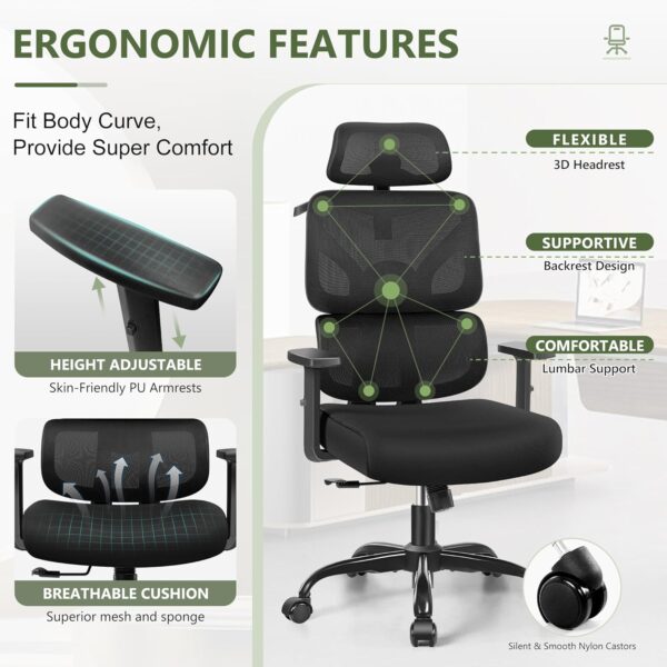 High Back Reclining Breathable Mesh Chair with adjustable armrests and lumbar support for comfort.