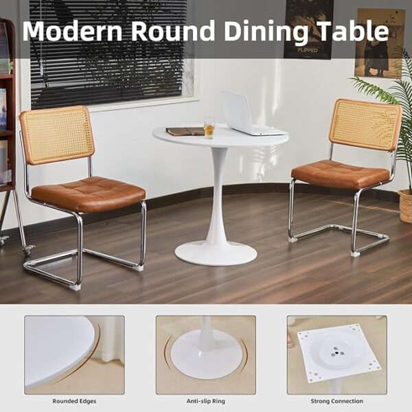 White round modern dining table with a glossy surface and minimalist design, ideal for contemporary homes.