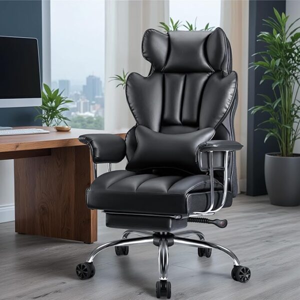 Ergonomic Executive Leather Office Chair with adjustable lumbar support and high-density foam padding for comfort and style in a modern office setting.