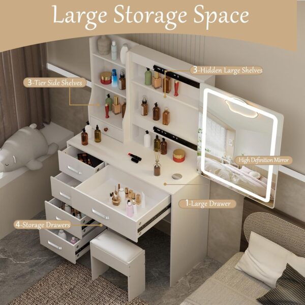 Lighted Modern Makeup Vanity Table Set with adjustable LED lights, spacious storage, and a comfortable cushioned stool.