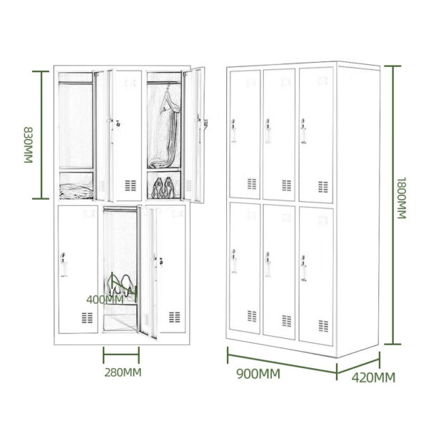 6-Door Locker Steel Storage Cabinet with individual lockable compartments, ideal for secure storage in offices, schools, and gyms.