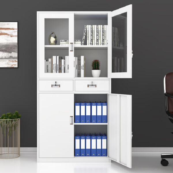 Steel office storage cabinet with multiple drawers for file and office supply organization.