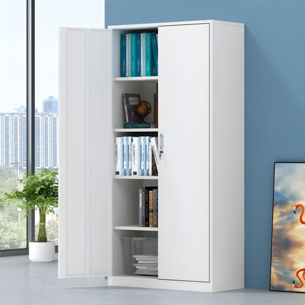 2-Door Modern White Steel Storage Cabinet with spacious interior for organizing files, documents, and office supplies, featuring a sleek white finish and durable steel construction.