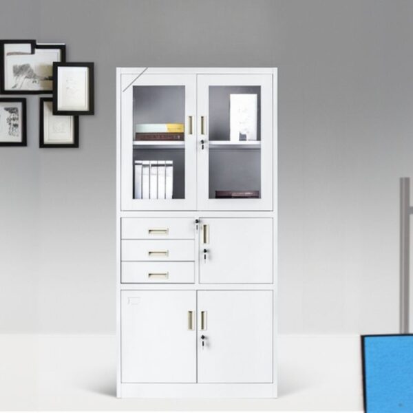 Dove Gray Alloy Office Storage Cabinet with integrated safe, multiple shelves for organized storage, and modern design.