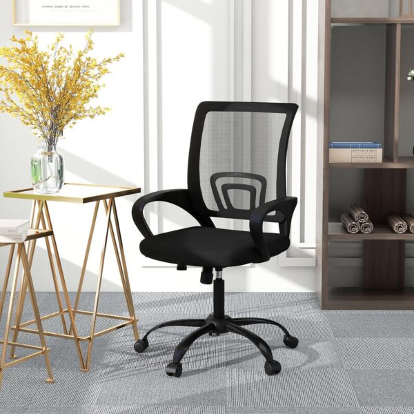 Swivel Rolling Clerical Office Chair with padded seat, backrest, adjustable height, and smooth-rolling casters for easy mobility and comfort in an office environment.