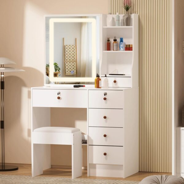 Modern cosmetic dressing table with a sleek design, spacious storage drawers, and an integrated mirror, perfect for home use.