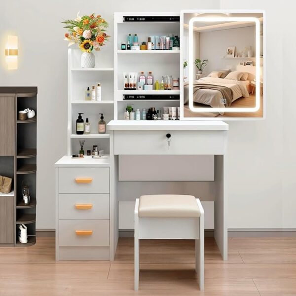 Modern Makeup Vanity Table with built-in mirror and storage drawers, perfect for organizing makeup and accessories in a stylish bedroom.