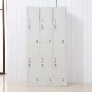 6-Door Locker Steel Storage Cabinet with individual lockable compartments, ideal for secure storage in offices, schools, and gyms.