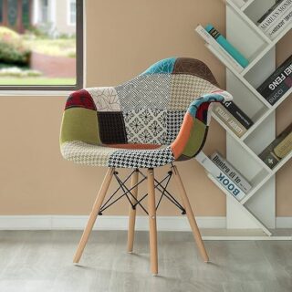 Arm Rest Patchwork Eames Dining Chair with colorful geometric fabric patches and wooden legs.