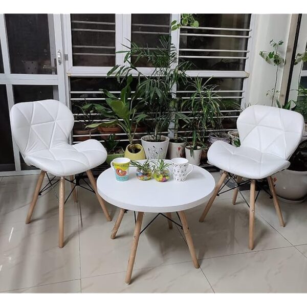 Faux Leather White Eames Dining Chair with ergonomic seat and wooden cross-frame base.