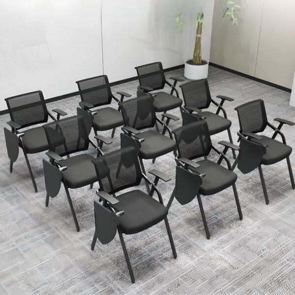 Foldable Black Mesh Conference Chair with breathable backrest, padded seat, and ergonomic design for comfortable and efficient seating in meetings and conferences.