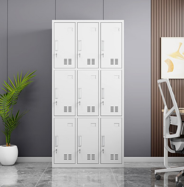 9-Locker Office Staff Storage Cabinet with lockable compartments for secure and organized storage in offices and shared spaces.