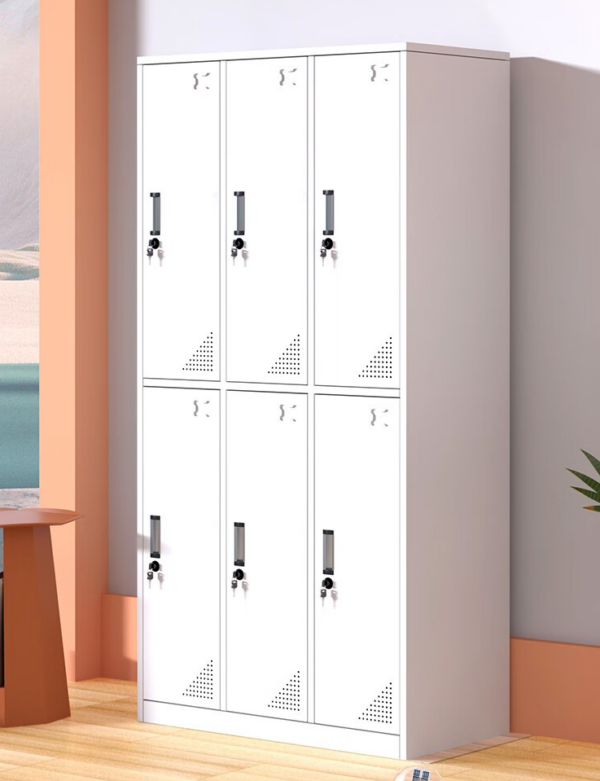 6-Door Locker Metallic Storage Cabinet with individual compartments and secure locks, designed for office, school, and gym use.