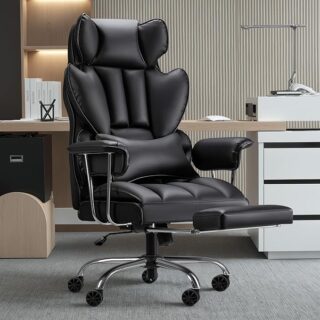 Ergonomic Executive Leather Office Chair with adjustable lumbar support and high-density foam padding for comfort and style in a modern office setting.