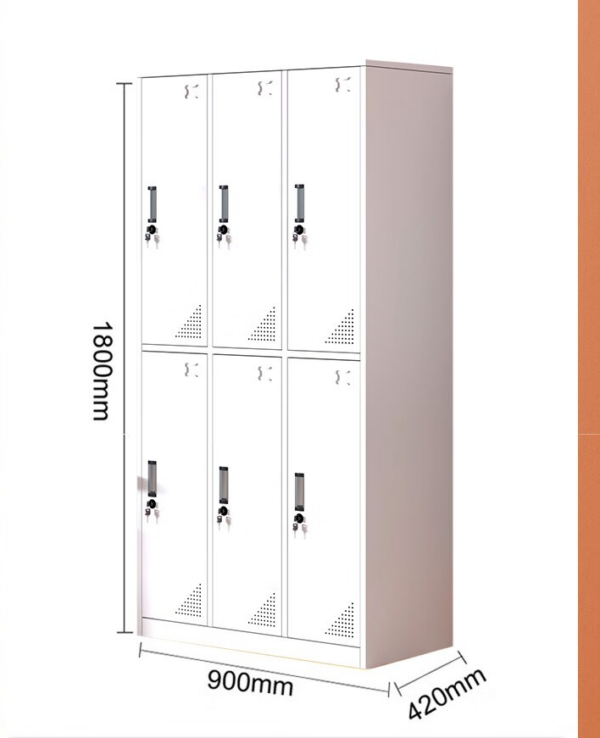 6-Door Locker Metallic Storage Cabinet with individual compartments and secure locks, designed for office, school, and gym use.