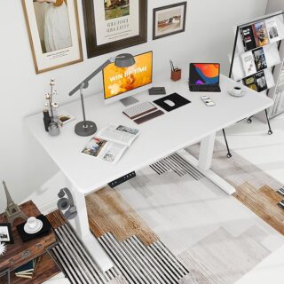 Electric adjustable standing desk for home office, with ergonomic design and easy height adjustment for improved comfort.