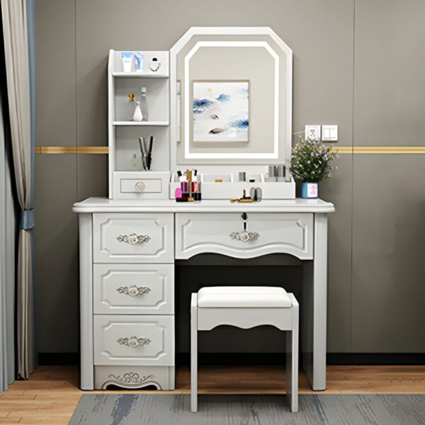 Trendy Standard White Vanity Table with a sleek white finish, spacious surface, and functional drawers for organizing beauty products and personal items.