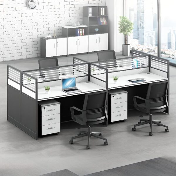 4-Seater Modern Open View Office Workstation with four individual desks, partitioned panels, and organized cable management.