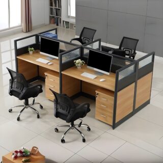 4-Seater Modern Office Workstation with a sleek brown finish, designed for collaborative work with integrated cable management and spacious seating.