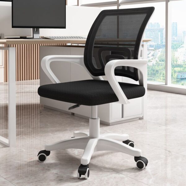 Swivel Clerical Mesh Office Chair with adjustable height, armrests, and ergonomic lumbar support in a modern office setting.