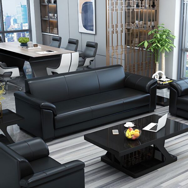 5-Seater Black Leather Office Sofa Set with modern design, offering comfortable seating and sleek leather upholstery.