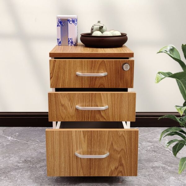 Pedestal Wooden Storage Office Cabinet with multiple drawers in a natural wood finish, ideal for organizing office supplies and files.