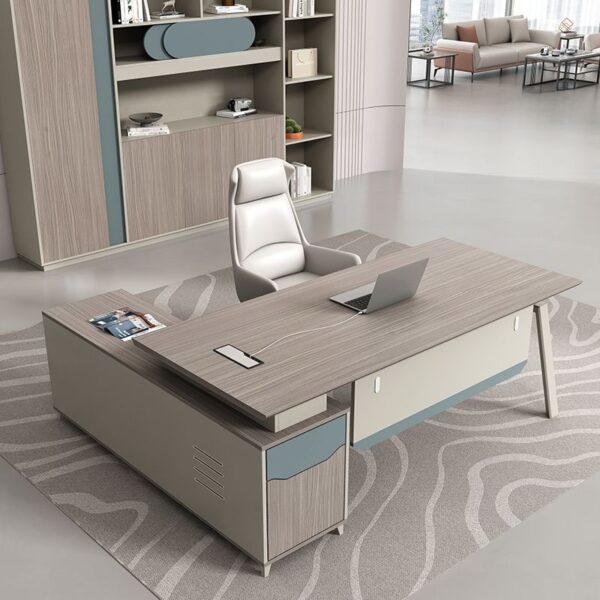 Secure Modern Office Computer Desk with spacious surface and lockable storage compartment for secure document and item storage.