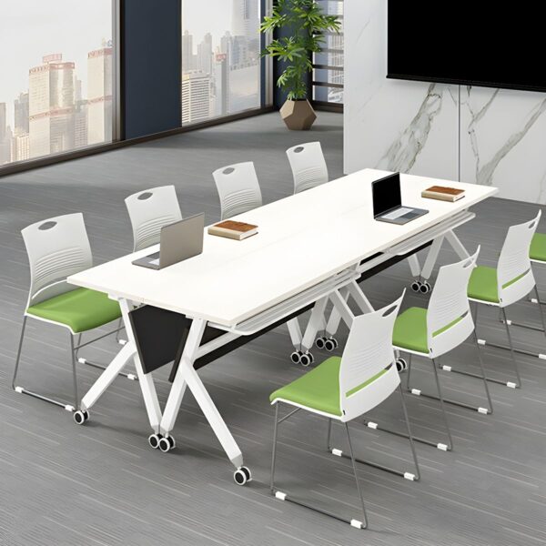 Sleek White Wood Foldable Office Table with modern design and ample workspace, ideal for home or small offices.