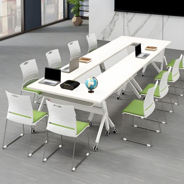 Sleek White Wood Foldable Office Table with modern design and ample workspace, ideal for home or small offices.