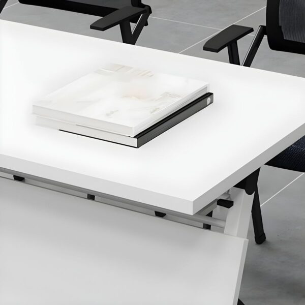 Sleek White Wood Foldable Office Table with modern design and ample workspace, ideal for home or small offices.