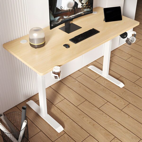 120cm Elegant Electric Standing Office Desk with wooden top and adjustable height mechanism.