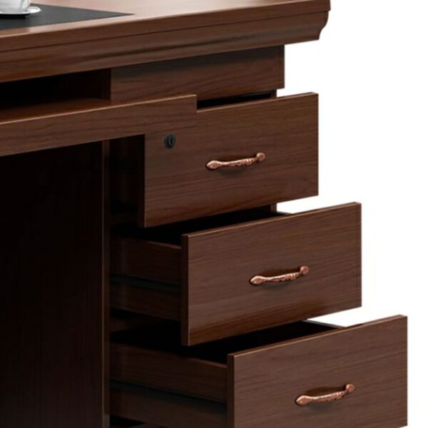 140cm Executive Staff Wooden Writing Desk with storage drawers and sleek brown wood finish.