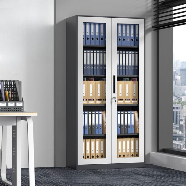 2-Glass Door Steel Storage Cabinet with transparent doors for easy access and organization of documents and supplies.