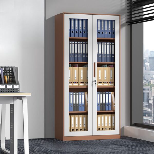 2-Glass Door Steel Storage Cabinet with transparent doors for easy access and organization of documents and supplies.