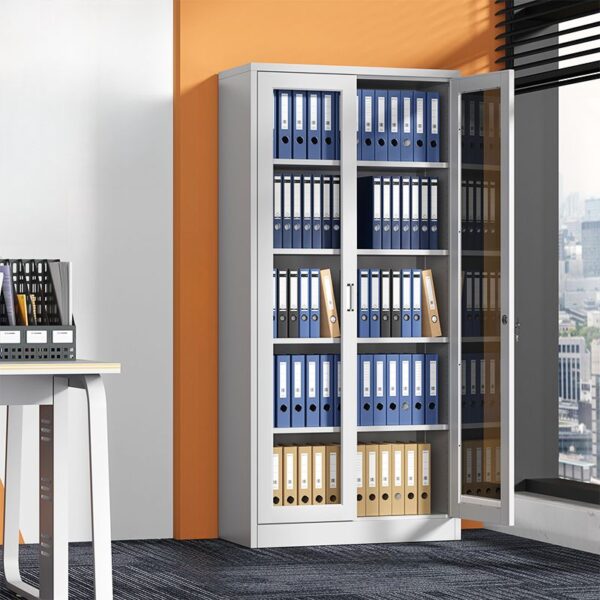 2-Glass Door Steel Storage Cabinet with transparent doors for easy access and organization of documents and supplies.