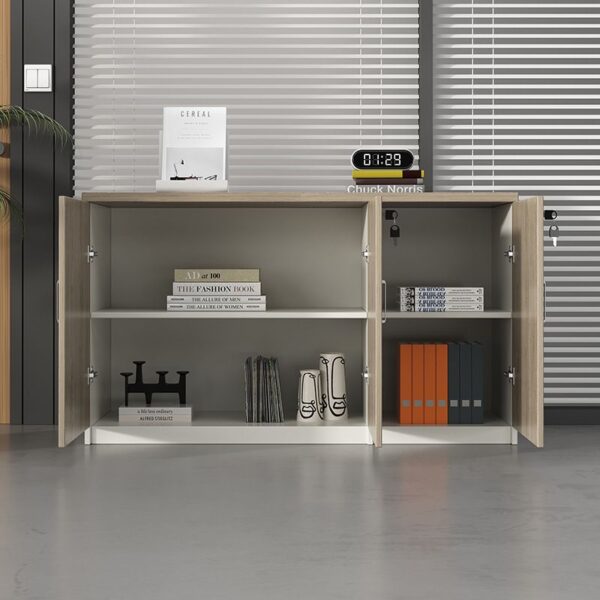 2-Door Wooden Credenza Storage Cabinet with adjustable shelves and sleek wood finish.