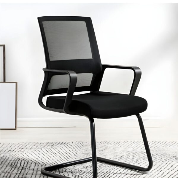 Cantilever Black Mesh Chrome Chair with breathable mesh backrest, cushioned seat, and chrome cantilever frame for added comfort and style.