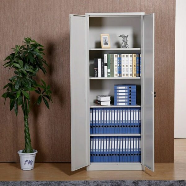 2-Door Steel Office Storage Cabinet with locking doors, sleek chalk finish, and spacious interior for secure storage in a professional workspace.