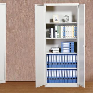 2-Door Steel Office Storage Cabinet with locking doors, sleek chalk finish, and spacious interior for secure storage in a professional workspace.