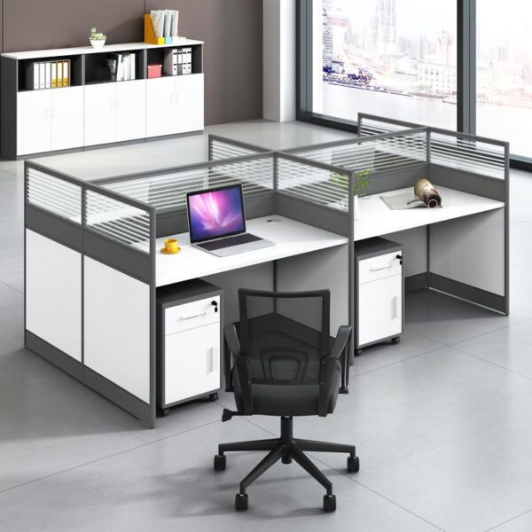 4-Seater Open View Office Workstation with a white wooden finish and spacious design for collaborative work.