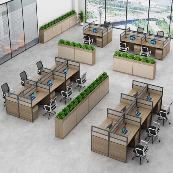 Office Six-Way Modular Wooden Workstation with six individual workstations, providing a collaborative and efficient workspace.