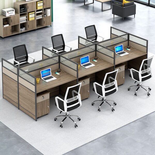 Office Six-Way Modular Wooden Workstation with six individual workstations, providing a collaborative and efficient workspace.