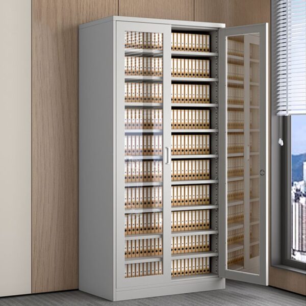 2-Wide Glass Door Steel Storage Cabinet with adjustable shelves, locking mechanism, and durable steel construction for secure storage.