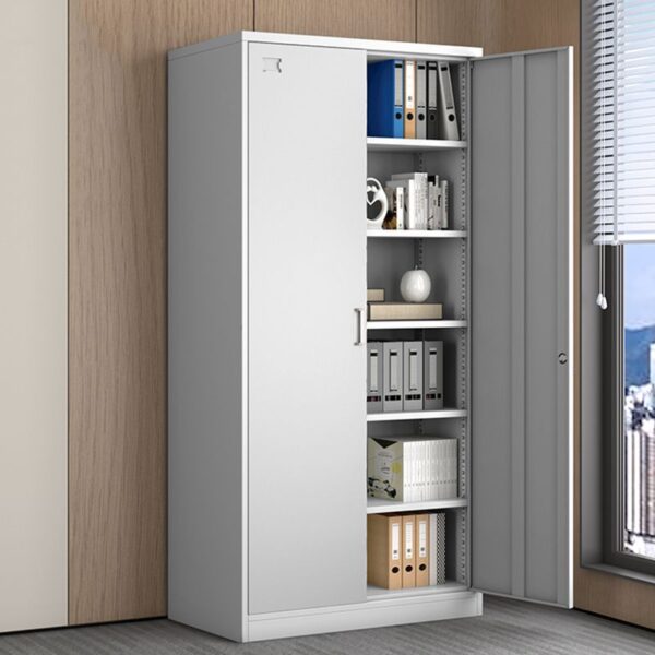 2-Steel Door Modern Storage Cabinet in gray with adjustable shelves and lockable doors for secure storage.