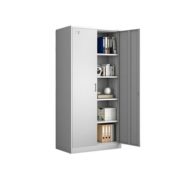 2-Steel Door Modern Storage Cabinet in gray with adjustable shelves and lockable doors for secure storage.