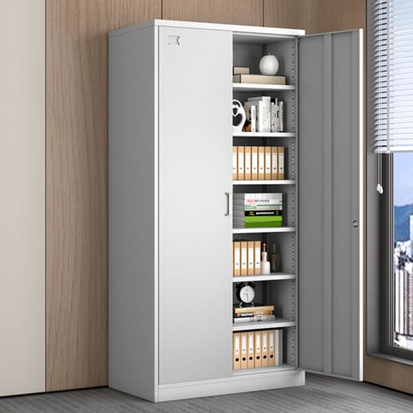 2-Steel Door Modern Storage Cabinet in gray with adjustable shelves and lockable doors for secure storage.